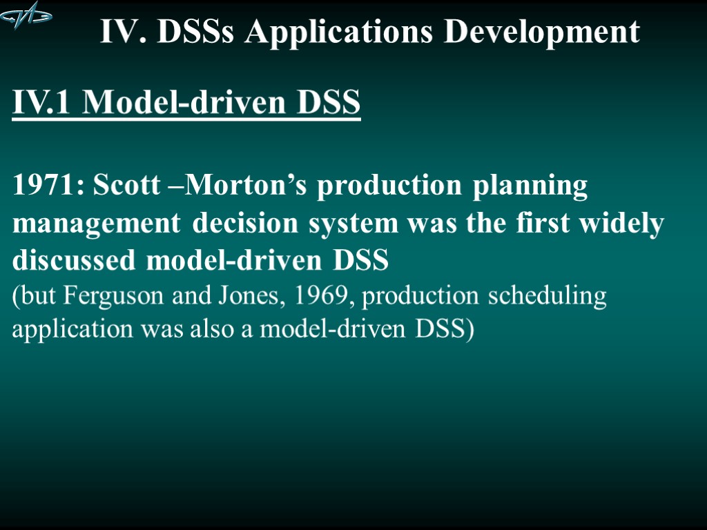 IV. DSSs Applications Development IV.1 Model-driven DSS 1971: Scott –Morton’s production planning management decision